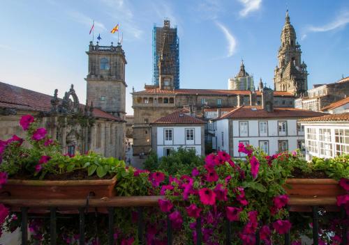 a view of a city with flowers and buildings at Casa Celsa-Barbantes in Santiago de Compostela
