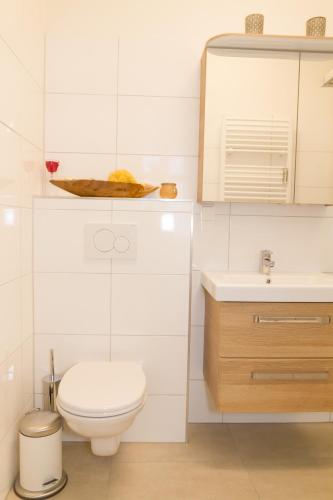 a white bathroom with a toilet and a sink at Apartment Joanneum in Graz