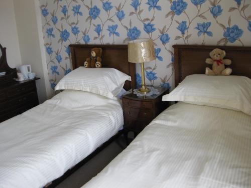 2 Einzelbetten in einem Schlafzimmer mit blauen Blumen in der Unterkunft Struan House in Buckie