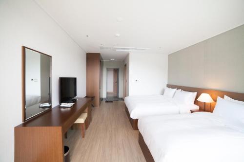 統営市にあるDongwon Youthhostelのベッド2台とテレビが備わるホテルルームです。