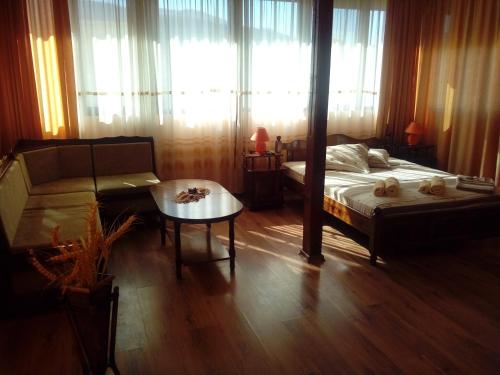 a bedroom with a bed and a couch and a table at Hotel Ambrozia in Kotel