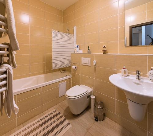 a bathroom with a toilet and a sink at Tampa Gardens - Mountain View Apartment in Braşov