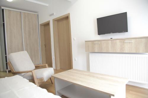 a living room with a table and a tv on a wall at Hotel Korab Trnica in Trnica