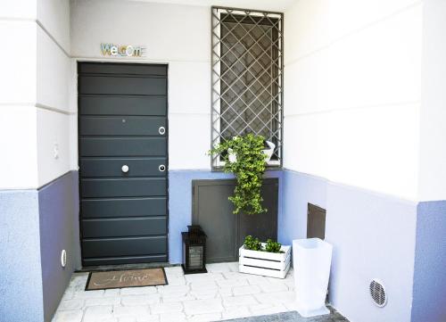 un edificio blu e bianco con una porta e una pianta di GiaVa Apartment a Baronissi