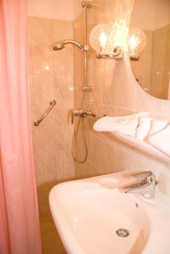 Un baño con ducha, lavabo e inodoro. en Hotel Excelsior, en La Haya