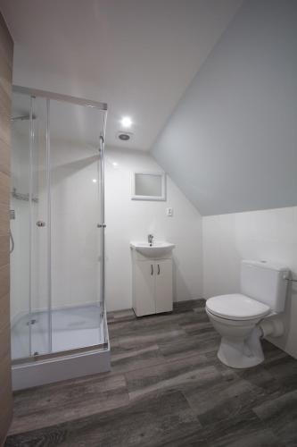 a bathroom with a shower and a toilet and a sink at Pensjonat Basia in Dziwnówek