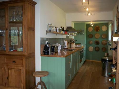 a kitchen with green cabinets and a counter top at Chalet Etoile in Grimentz