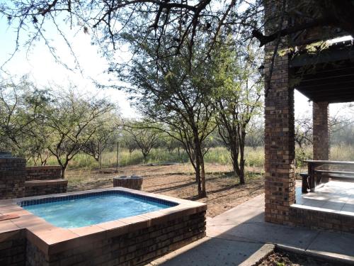 an outdoor swimming pool with a brick wall and a patio at Umvangazi Rest in Marloth Park