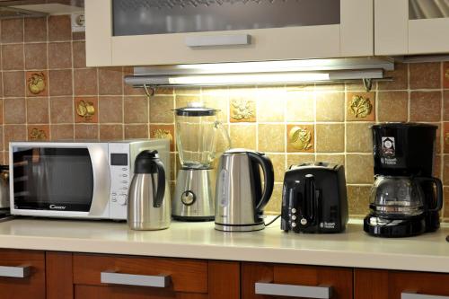 a kitchen counter with a microwave and various appliances at Grandpa Mate House in Dragove