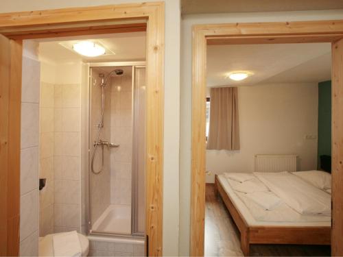 a bedroom with a shower and a bed and a tub at Wildbachhof in Zell am See
