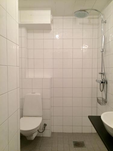 a bathroom with a toilet and a sink at Mullbärsgårdens Bed and Breakfast in Visby