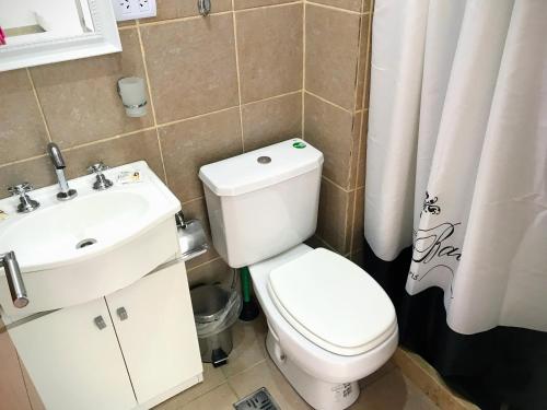 a white toilet sitting next to a sink in a bathroom at Patagonia Austral Apartamentos in Ushuaia