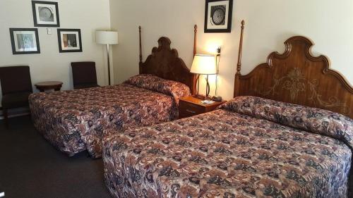 a hotel room with two beds and a lamp at Amber Inn Motel in Eden