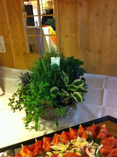 a potted plant sitting on a table with a pizza at Landgasthof Zur Erholung in Breitscheid