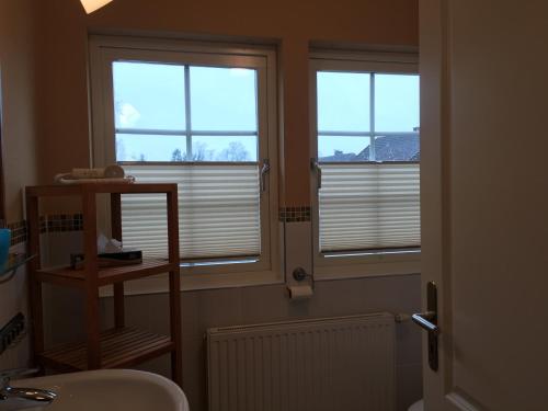 a bathroom with two windows and a sink at Flair Landhotel Strengliner Mühle in Pronstorf