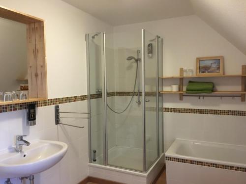 a bathroom with a shower and a sink at Flair Landhotel Strengliner Mühle in Pronstorf