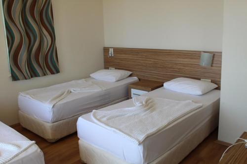 Zimmer mit 2 Betten und Wandgemälde in der Unterkunft Yucesan Hotel in Avsallar