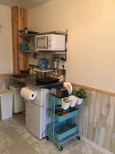 a kitchen with a sink and a microwave at R Guest House in Osaka