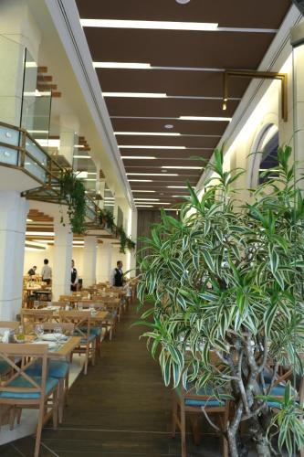 a restaurant with tables and chairs and a potted plant at Serenada Golden Palace - Boutique Hotel in Beirut
