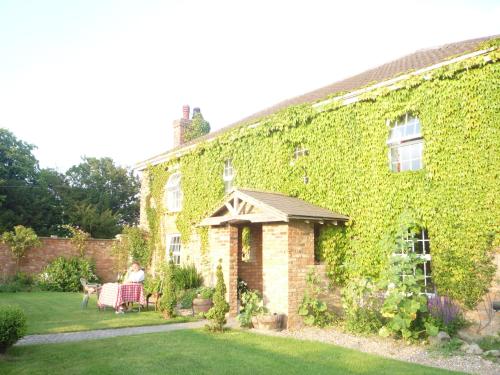a woman sitting on a chair in front of a ivy covered building at Jockhedge Holiday Cottages in Skegness