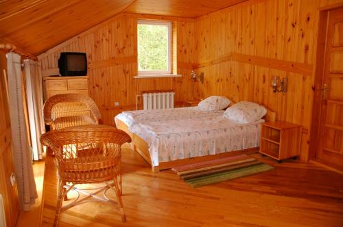 een slaapkamer met een bed, een tv en een stoel bij EAKlimų kaimo turizmo sodyba Iešnalė in Babrungėnai