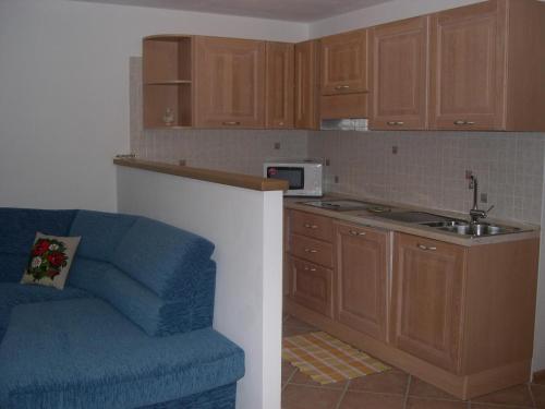 a kitchen with a blue couch and a microwave at Cèsa Chri e Sofì in Campitello di Fassa