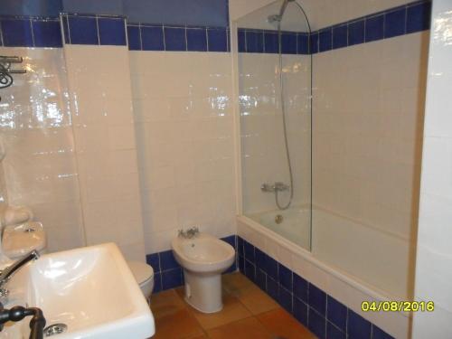 a bathroom with a toilet and a tub and a sink at Hotel Apartamento Rural Finca La Media Legua in Aracena