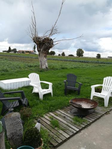 three white chairs and a grill in a field at Maison Marie in Poperinge