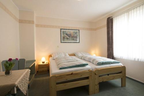 ein Schlafzimmer mit einem Bett in einem Zimmer mit einem Fenster in der Unterkunft Kleines Hotel Wemhoff in Winterberg