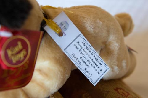 a stuffed teddy bear with a label on it at Lake Vyrnwy Hotel & Spa in Llanwddyn