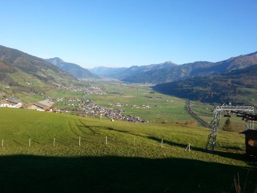 a view of a green field with mountains in the background at Apartment Lochner Piesendorf-Walchen in Piesendorf