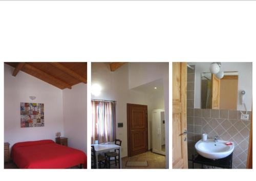 3 fotos de un baño con una cama roja y un lavabo en La Collina di Peppino, en Trasacco