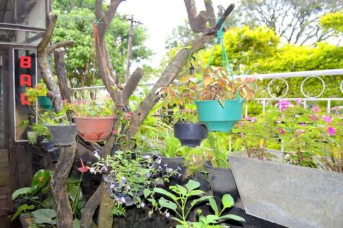 a garden with potted plants and flowers on a fence at Highcliffe Guest House in Haputale