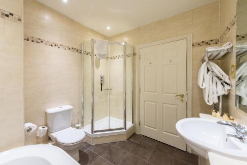 a bathroom with a shower and a toilet and a sink at Lake Vyrnwy Hotel & Spa in Llanwddyn