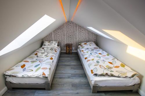 two beds in a attic room with skylights at Apartamenty Kowary in Kowary