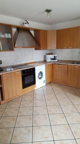 a kitchen with wooden cabinets and a dishwasher at Cèsa Chri e Sofì in Campitello di Fassa