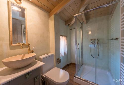 a bathroom with a sink and a shower and a toilet at Kallisto Mountain House I in Arachova