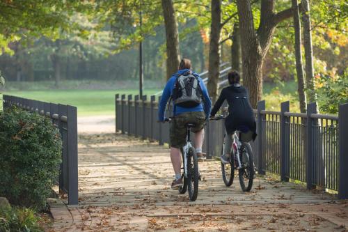 two people riding bikes on a path in a park at Spreewaldferienwohnungen in Lübben