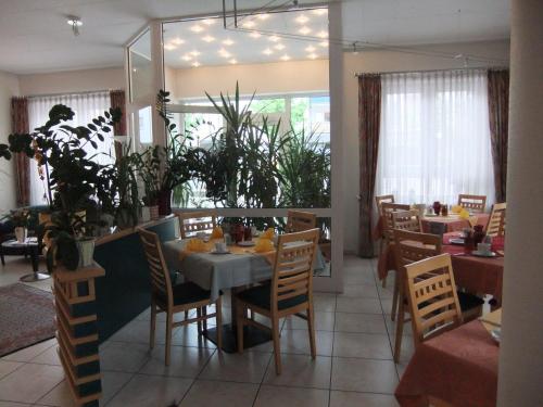 ein Esszimmer mit einem Tisch, Stühlen und Pflanzen in der Unterkunft Hotel Garni Classico in Aschaffenburg
