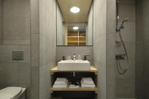 a bathroom with a sink and a shower and a toilet at Golf Lodge in Zeijerveen