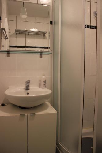 łazienka z umywalką i przeszkloną kabiną prysznicową w obiekcie Apartment Zea w Novalji