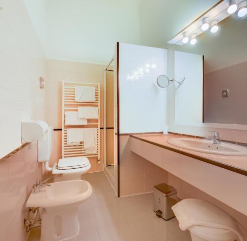 a bathroom with a sink and a toilet and a mirror at Hotel San Donato - Bologna centro in Bologna