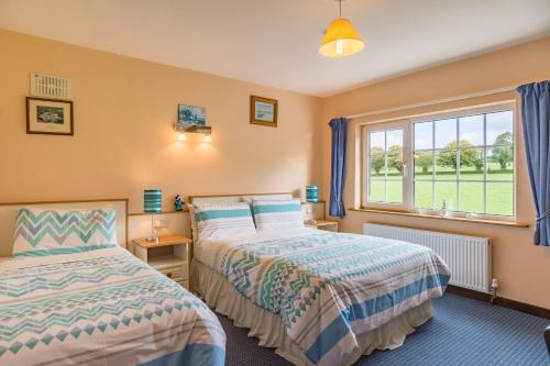 two beds in a room with a window at Ballindrum Farm B&B in Athy
