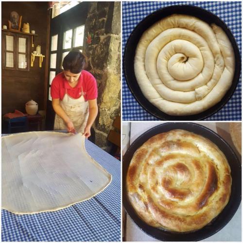 Tres fotografías de una mujer haciendo un pastel con una sartén. en Etno kuće Boškova Voda, en Zlatibor