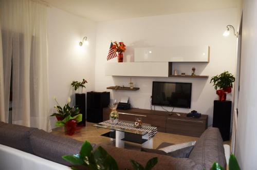a living room with a couch and a tv at La Tana Delle Lepri in Morolo