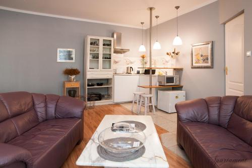 a living room with two couches and a table at Apartamenty Włocławek in Włocławek
