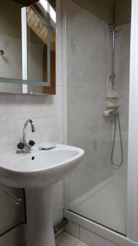 une salle de bain blanche avec un lavabo et une douche dans l'établissement La cle des champs, à Murol