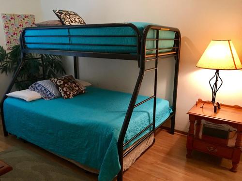 a bedroom with two bunk beds and a lamp at River Run Retreat in New Braunfels
