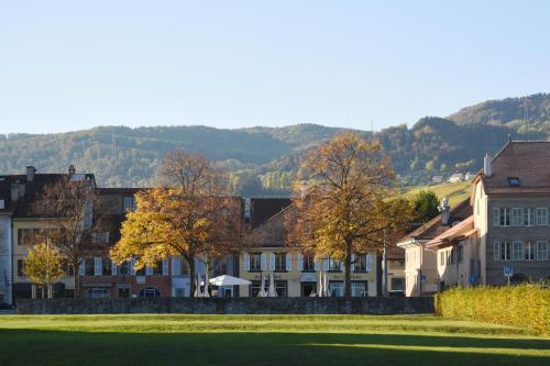 a group of buildings and trees with mountains in the background at L'Hôtel by Hostellerie du Château in Rolle