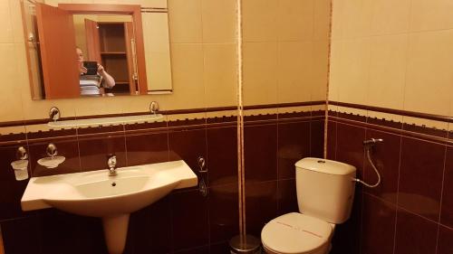 a bathroom with a toilet and a sink and a mirror at Hotel Venecia in Primorsko